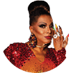 Person wearing a colorful sequined dress with red, orange, and yellow hues, large hoop earrings, multiple rings, and a confident pose against a shiny, reflective background. Description generated by AI