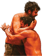 Two shirtless adults with wet hair are engaged in a close, intense wrestling or grappling match against a dark background. Description generated by AI