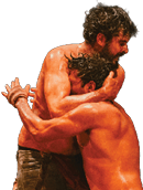Two shirtless adults with wet hair are engaged in a close, intense wrestling or grappling match against a dark background. Description generated by AI