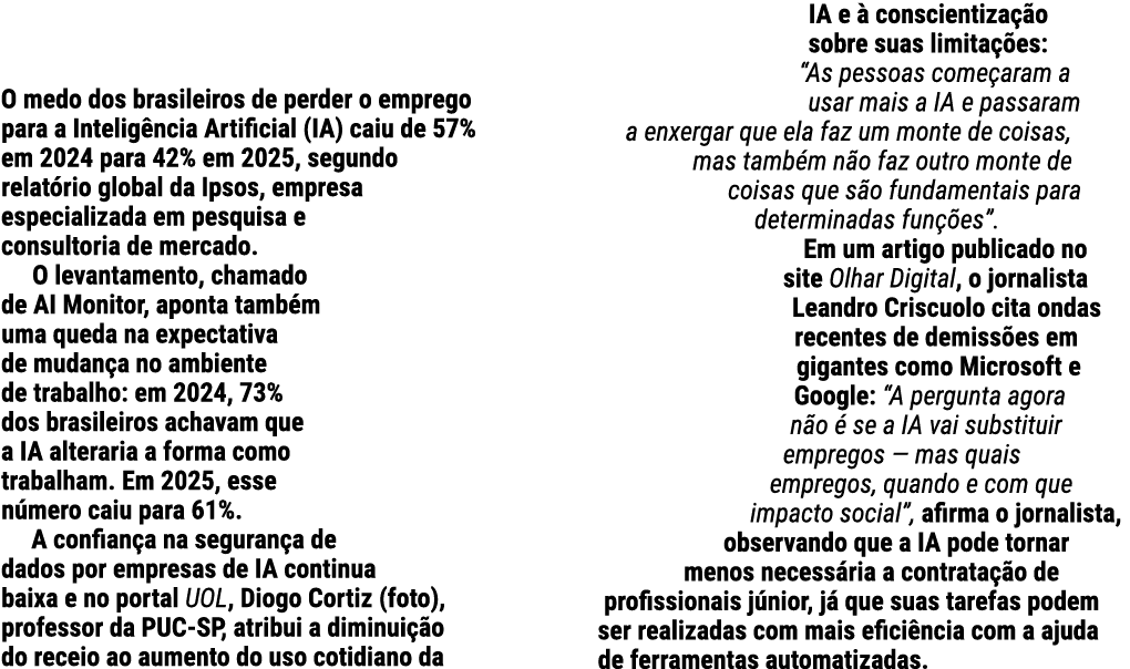O medo dos brasileiros de perder o emprego para a Intelig ncia Artificial (IA) caiu de 57% em 2024 para 42% em 2025, ...