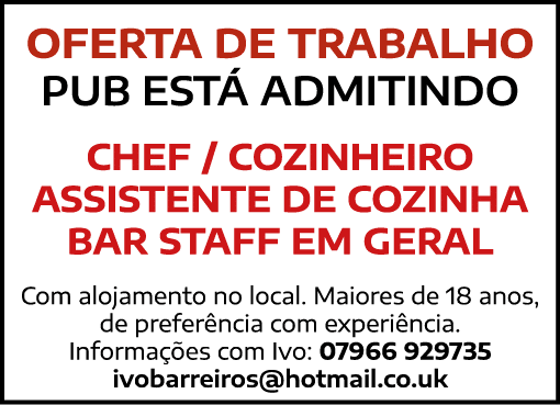Oferta de trabalho Pub está admitindo Chef   cozinheiro Assistente de cozinha Bar Staff em geral Com alojamento no lo   