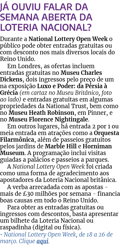 J ouviu falar da Semana Aberta da Loteria Nacional? Durante a National Lottery Open Week o p blico pode obter entrad...