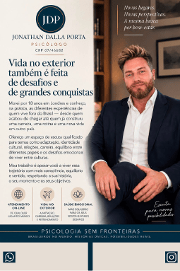 A person with styled hair and a beard wearing a dark suit sits confidently in an office setting next to a text advertisement for a psychologist specializing in supporting people living abroad with emotional health and life challenges. Description generated by AI