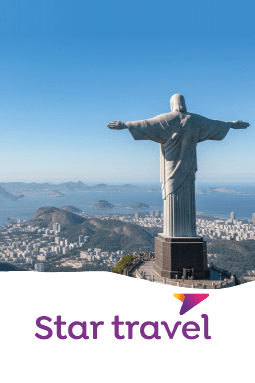 A large statue with outstretched arms overlooks a cityscape with hills and water under a clear blue sky above the text “Star travel." Description generated by AI
